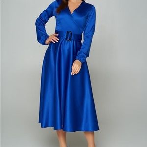 ROYAL BLUE MIDI SATIN DRESS WITH BELT
